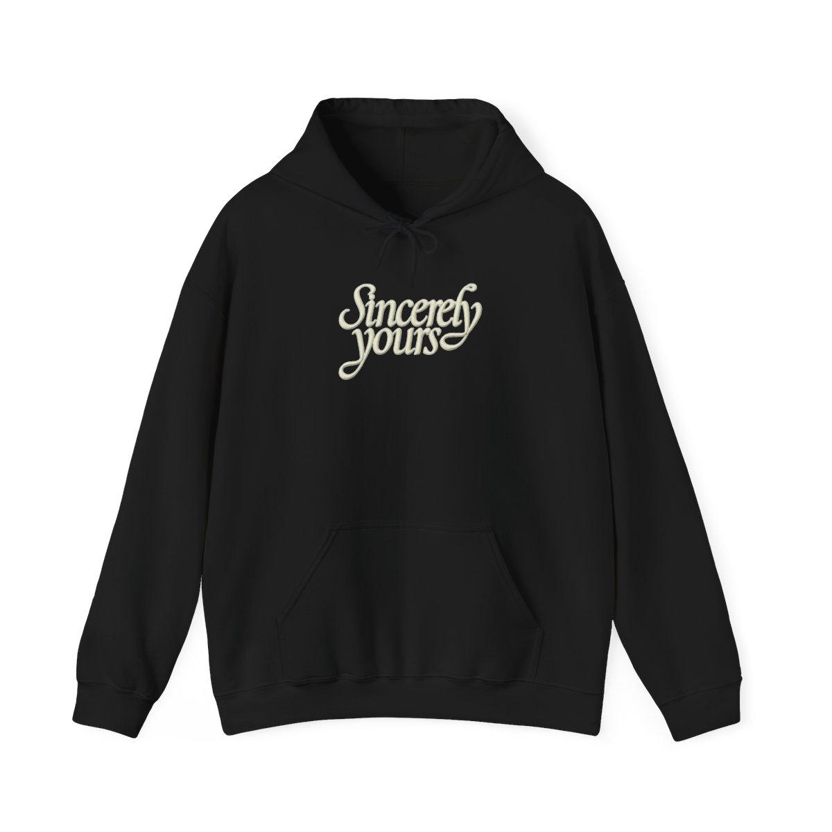 A soft light green hoodie with a drawstring hood, kangaroo pocket, and cursive "Sincerely yours" text on the chest