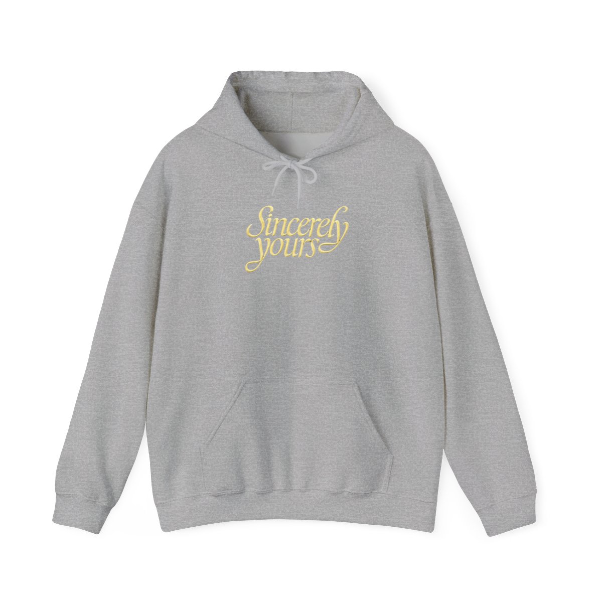 Sincerely Yours Yellow Cursive Print Light Gray Hoodie with Kangaroo Pocket - alternate angle 2, merchandise