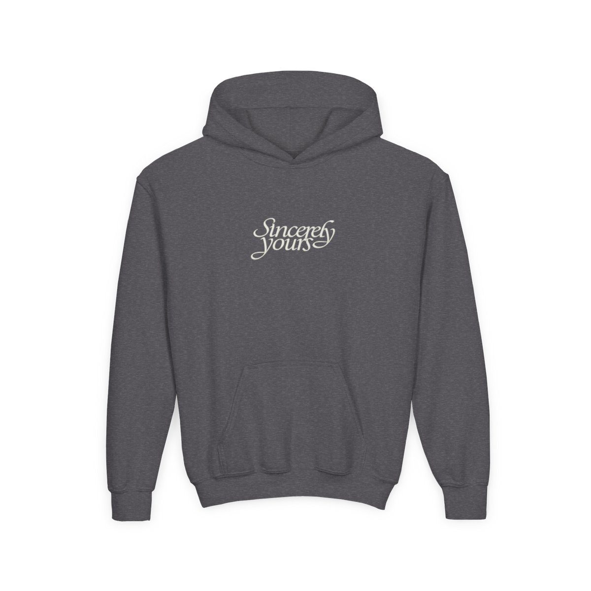 Kids Black Hoodie with "Sincerely Yours" Cursive Chest Text, Kangaroo Pocket & Drawstrings - alternate angle 2, merchandise