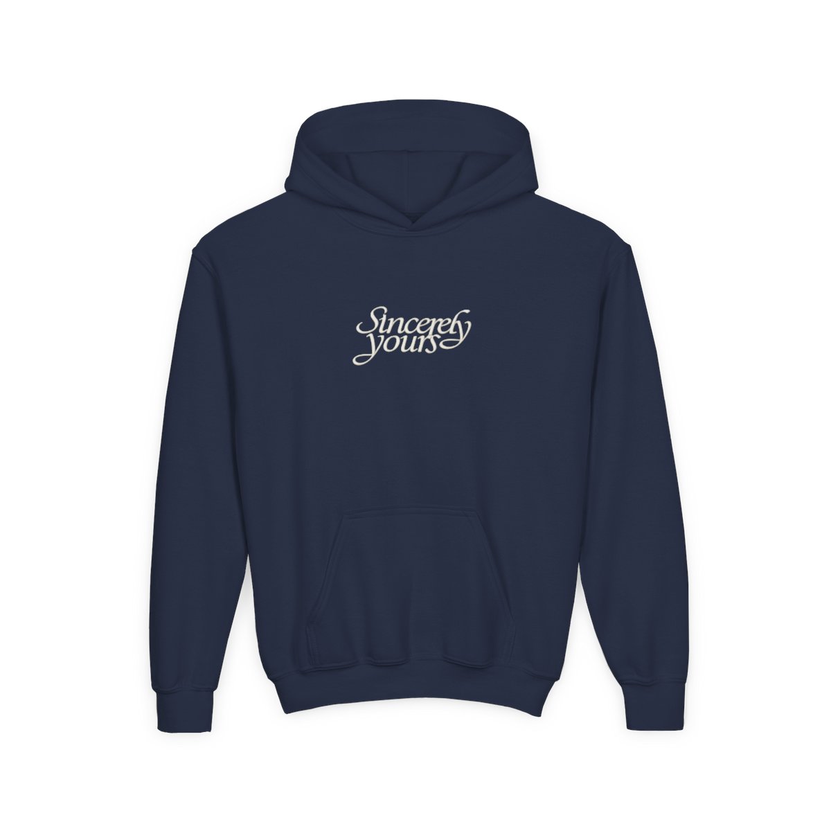 Kids Black Hoodie with "Sincerely Yours" Cursive Chest Text, Kangaroo Pocket & Drawstrings