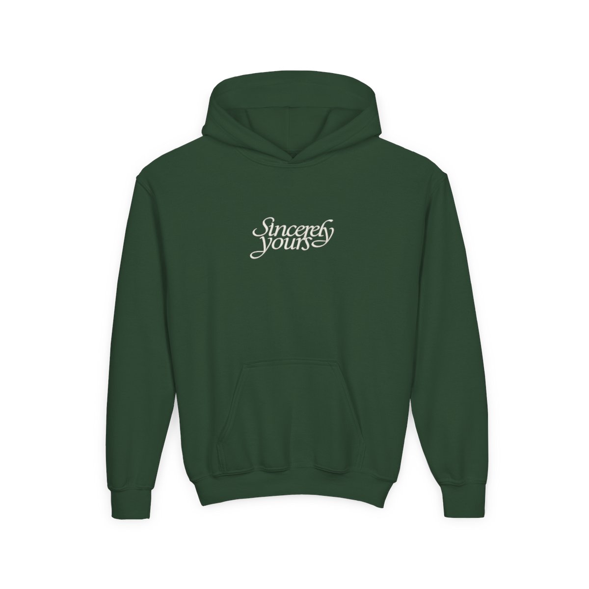 Kids Black Hoodie with "Sincerely Yours" Cursive Chest Text, Kangaroo Pocket & Drawstrings - alternate angle 4, merchandise